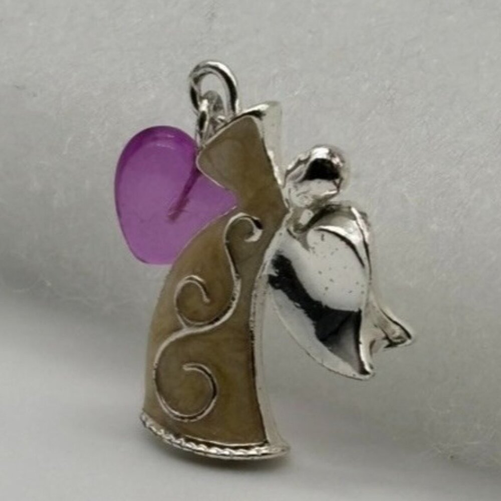 Vintage Avon Lapel Pin, Angel Holding Dangling Purple Heart Silver Tone W/Enamel - Picture 6 of 14